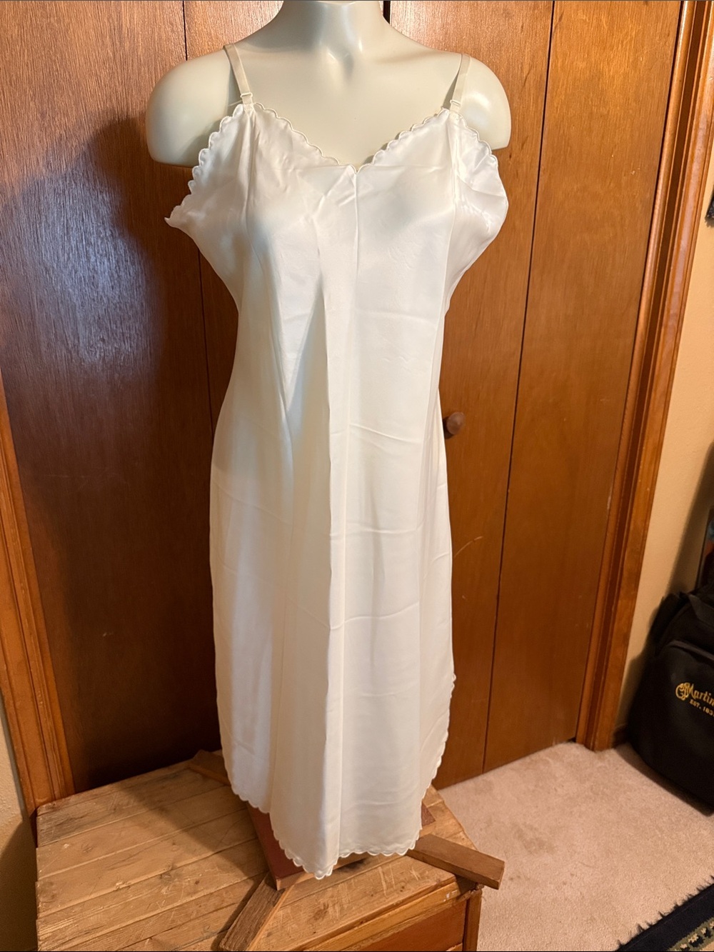 Vintage White Satin Slip Chemise with Scalloped Trim